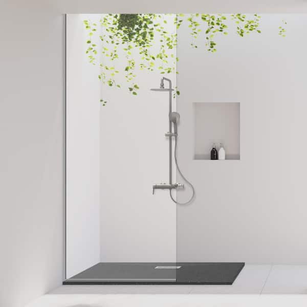 60 in. L x 42 in. W x 1.125 in. H Solid Composite Stone Shower Pan Base with Center Back Drain in Black Onyx Sand