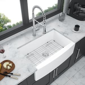 30 in. Farmhouse Single Bowl White Ceramic Kitchen Sink with Bottom Grids