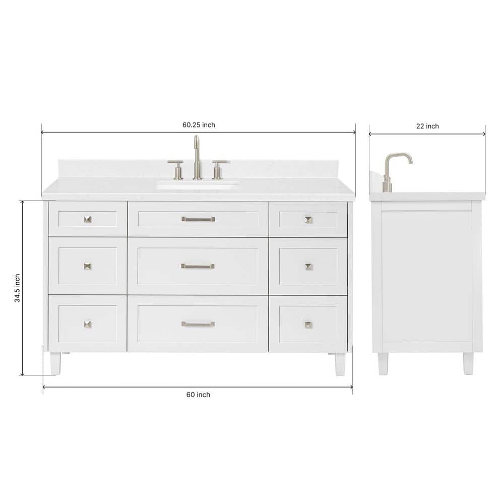 Monroe 60" White Single Sink Bathroom Vanity with Carrara Quartz Top