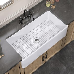 36 in. Farmhouse Apron Front Single Bowl Fireclay Kitchen Sink White With Bottom Grid and Strainer