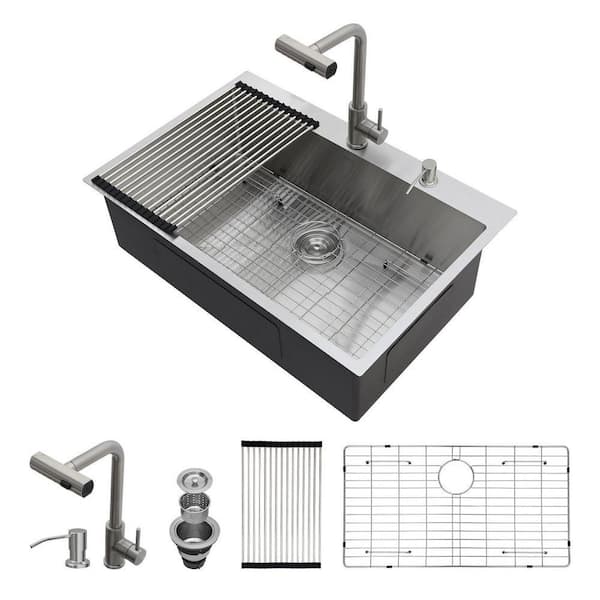 Y☆S Logmey 30 in. Drop-In Single Bowl 16 Gauge Stainless Steel Kitchen