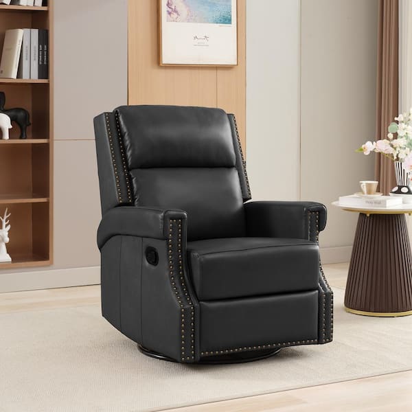 JEAREY Modern Retro Black Swivel Genuine Leather Recliner with Nailhead Trim