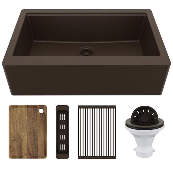 34 in. Farmhouse Single Bowl Quartz Workstation Kitchen Sink in Brown