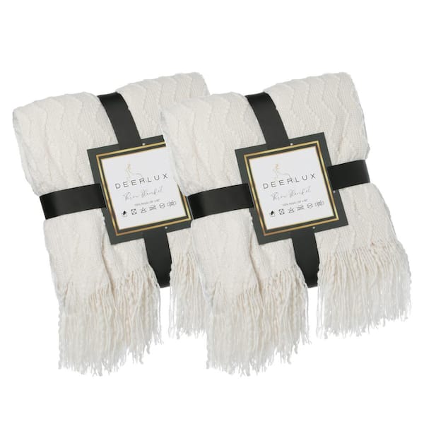Quickway Imports White Chevron Pattern Design (Set of 2) Decorative Knit Throw Blanket, 50 x 60 in. Fringe Edges, easy care