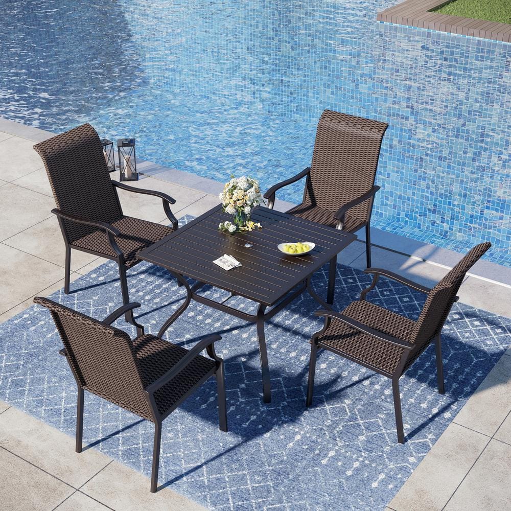 Black 5-Piece Metal Patio Outdoor Dining Set with Brown Rattan High Back Wave Arm Chairs -  PHI VILLA, THD-S5-126_I1