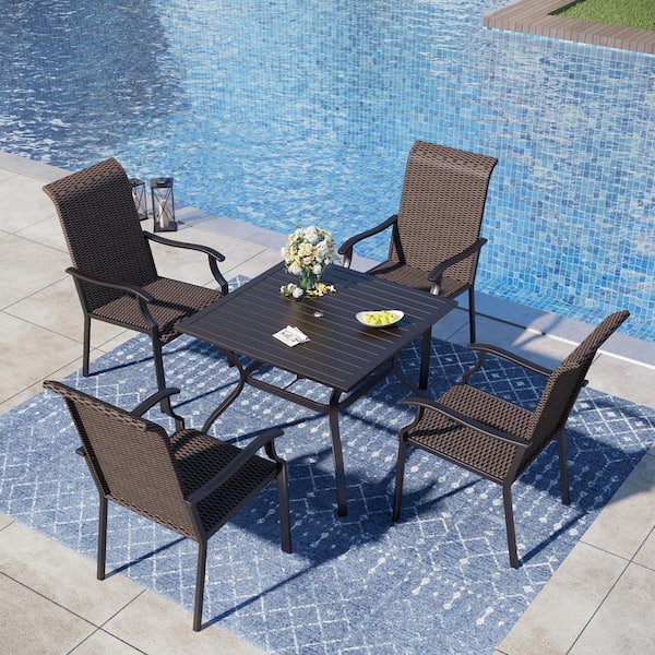 PHI VILLA Black 5-Piece Metal Patio Outdoor Dining Set with Brown Rattan High Back Wave Arm Chairs