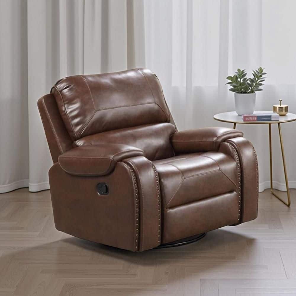 Benjara Teli Dark Brown Faux Leather Manual Swivel Glider Recliner