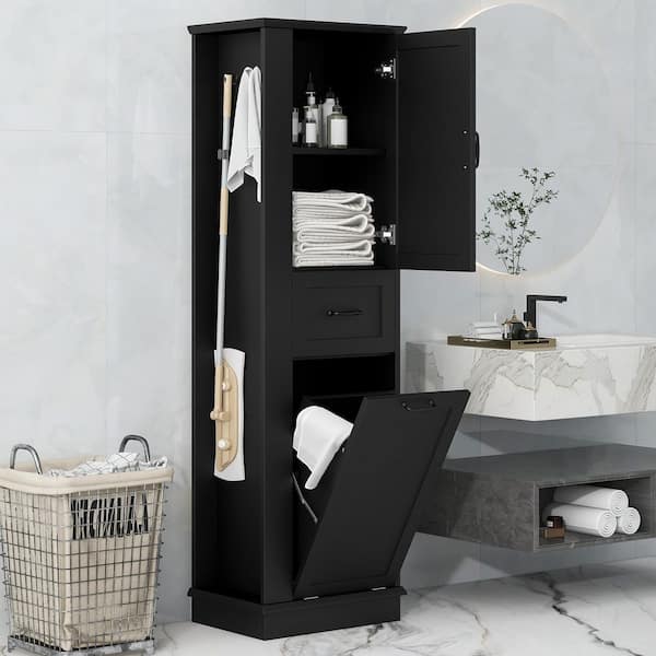 Black 67.8 in. Tall Storage Cabinet with Hooks, Tilt-Out Compartment, Drawer, Adjustable Shelves, Soft-Close Hinges