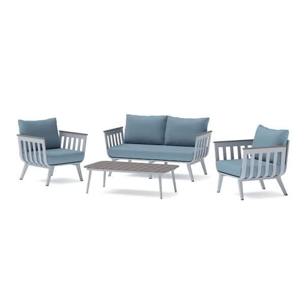 Vera 4-Piece Aluminum Patio Conversation Seating Set with Sunbrella Newport Blue Cushions
