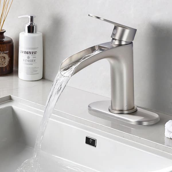 Single Handle Single Hole Bathroom Waterfall Faucet with Deckplate Bathroom Sink Faucets in Brushed Nickel