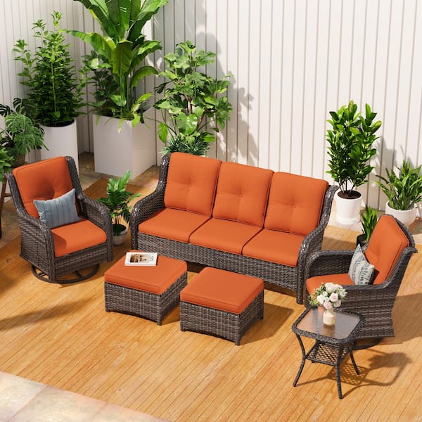 6-Piece Brown Wicker Patio Conversation Set Outdoor Couch Set with Orange Cushions