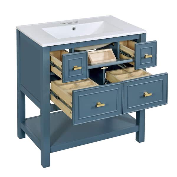 30 in. Freestanding Bath Vanity in Blue with White Ceramic Sink, 5-Drawers and Solid Wood Frame