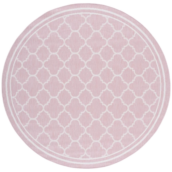 Courtyard Pink/Beige 7 ft. x 7 ft. Border Quatrefoil Indoor/Outdoor Round Area Rug