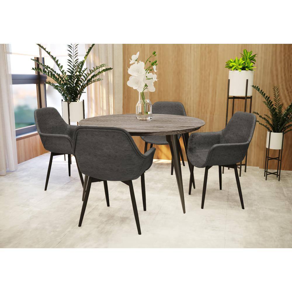5-Piece Dining Set 47 in. Round MDF Wood Dining Table with 4 Leather Dining Chairs in Stainless Steel, Oak/Black