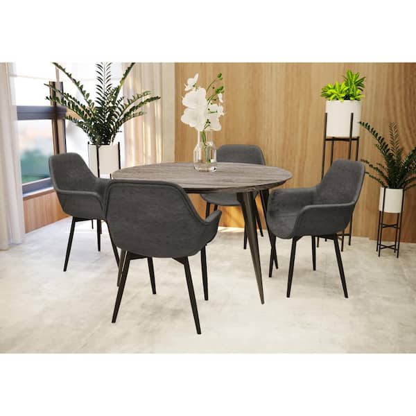 Leisuremod 5-Piece Dining Set 47 in. Round MDF Wood Dining Table with 4 Leather Dining Chairs in Stainless Steel, Oak/Black