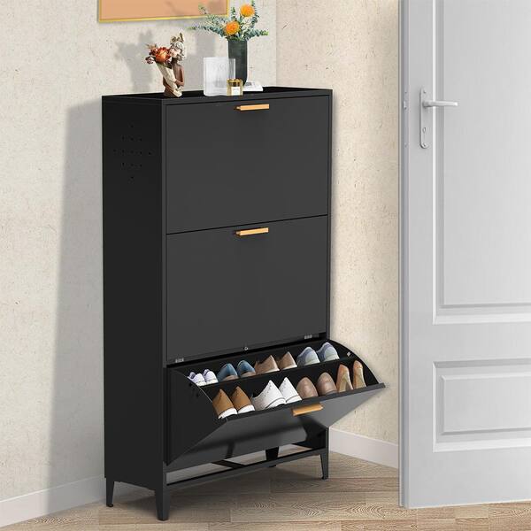 Black Narrow Shoe Storage Cabinet with 3 Shelves Wall Mounted in Large