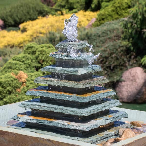 Sunnydaze 40 in. Layered Slate Pyramid Outdoor Cascading Water