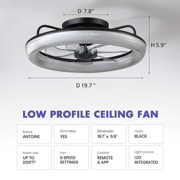 20 in. LED Indoor Black Low Profile Ceiling Fan with Dimmable Lighting Small Flush Mount Ceiling Fan with Remote
