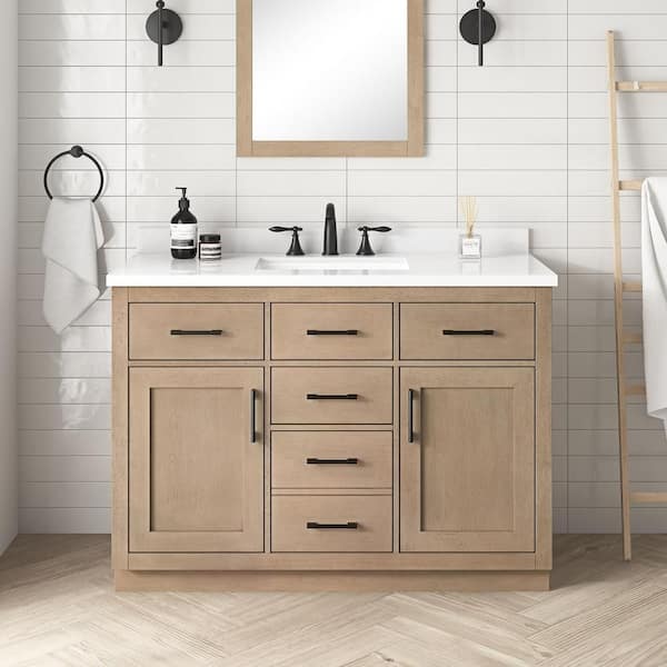 Bailey 48 in. Single Sink Sahara Birch Bath Vanity with White Quartz Top and Integrated Power Outlet (Assembled)