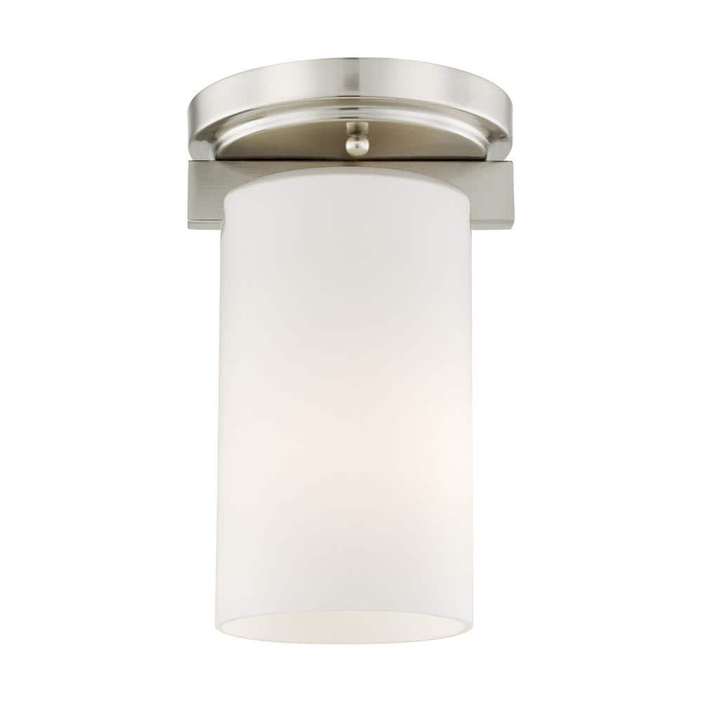 Delray 5 in. 1-Light Brushed Nickel Industrial Flush Mount with Satin Opal White Glass and No Bulbs Included
