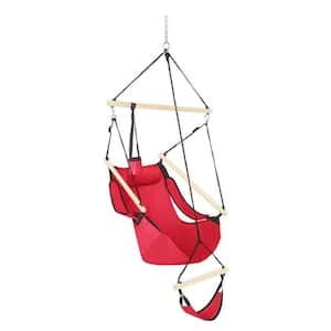 4 ft. Hanging Sky Hammock Chair with Fuller Pillow and Drink Holder Beech Wood Indoor/Outdoor Patio Yard 250LBS in Red