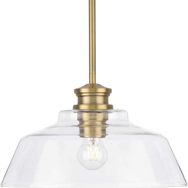 Progress Lighting Singleton 1-Light 14 in. Vintage Brass Medium Pendant Light with Clear Glass Shade