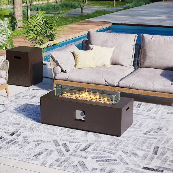 UPHA 42 in. Rectangular Iron Outdoor Brown Fire Pit Table with Propane Tank Holder and Glass Wind Guard
