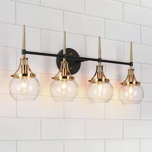 Capensis Mid-Century Modern 28.5 in. 4-Light Brass and Black Vanity Light with Clear Globe Glass Shade