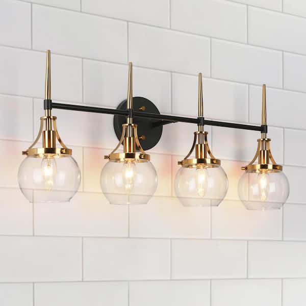 LNC Capensis Mid-Century Modern 28.5 in. 4-Light Brass and Black Vanity Light with Clear Globe Glass Shade