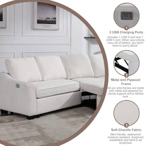 129.5 in. Square Arm Chenille L -Shaped Sofa with Pull-Out Bed Modern L-Shape Couch Bed with USB Charging Port in Beige