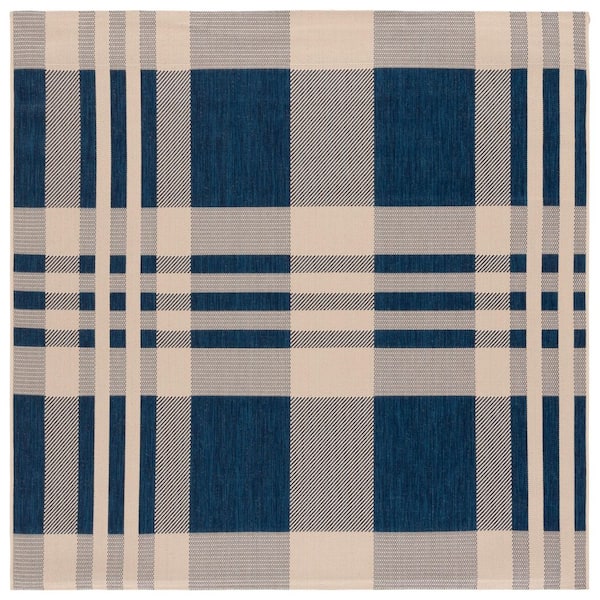 Courtyard Navy/Beige 3 ft. x 3 ft. Plaid Indoor/Outdoor Square Area Rug