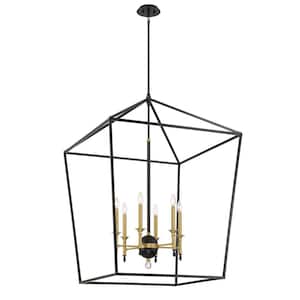 Townhall 6-Light Soft Brass and Black Cage Pendant Light