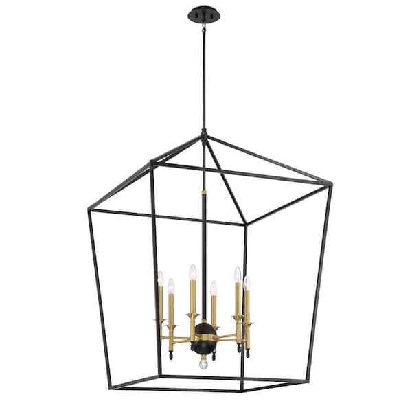 Townhall 6-Light Soft Brass and Black Cage Pendant Light