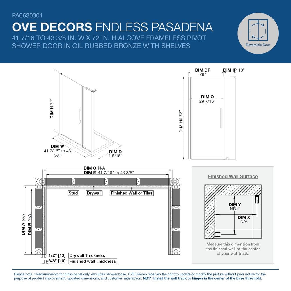Pasadena 43" Oil Rubbed Bronze Frameless Shower Kit with Glass Shelves