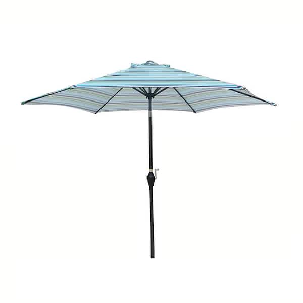9 ft. Metal Market Patio Push-Button Tilt Patio Umbrella in Blue Stripe with Crank Lift, UV Protection, No Base Included