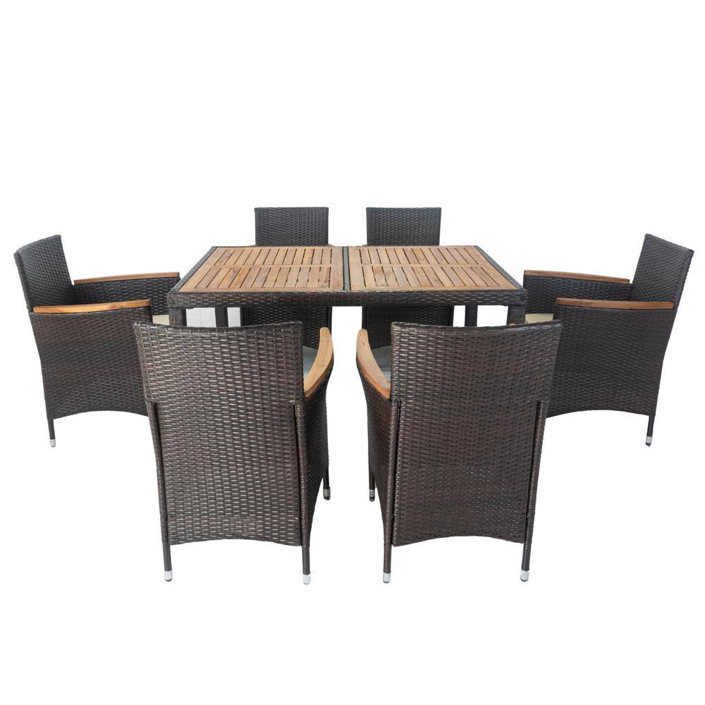 Brown 7-Piece Wicker Outdoor Dining Set Patio Dining Chairs with Beige Cush