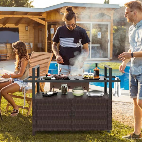 Metal Outdoor Bar Cart with Tempered Glass Top Storage Cabinet & 8 Hooks for Porch Brown