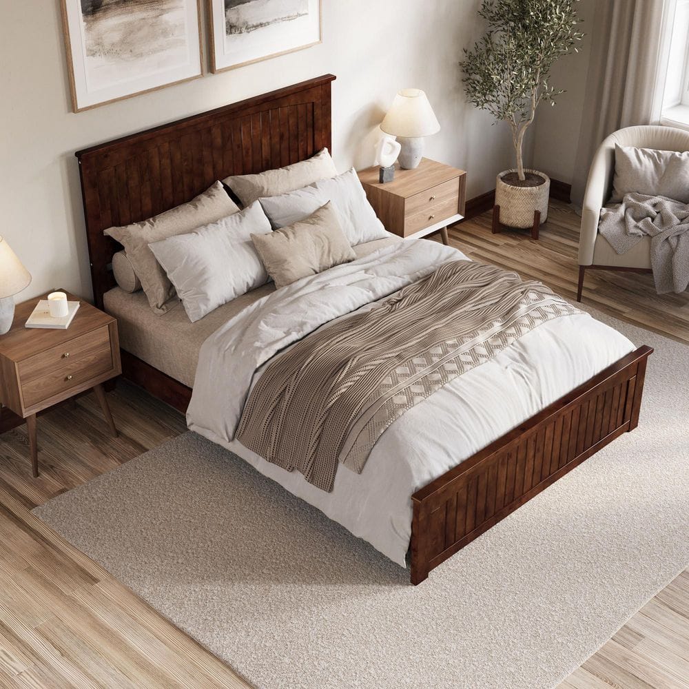 Walnut Queen Solid Wood Low Profile Platform Bed with Headboard and Footboard
