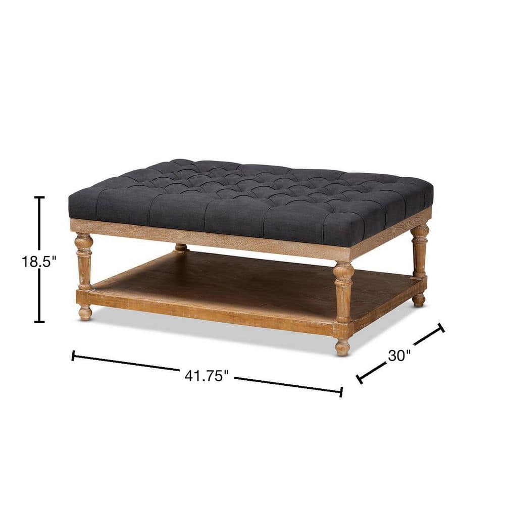 Charcoal Linen Fabric Tufted Cocktail Ottoman with Storage Shelf