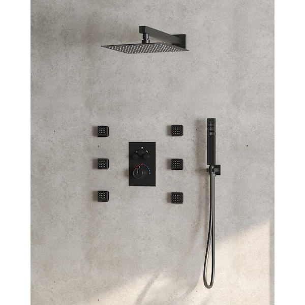 7-Spray 12 in. Thermostatic Wall Bar Shower Systems with Handheld 2.5 GPM in Matte Black (Valve Included)