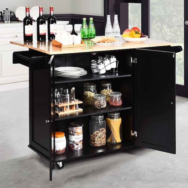 44in Drop-Leaf Kitchen Island Trolley Cart Wood Storage Cabinet w/Spice Rack Black
