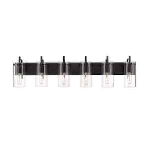 Press 42 in. 6 Light Matte Black Vanity Light with Clear Glass Shade