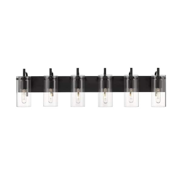 Innovations Press 42 in. 6 Light Matte Black Vanity Light with Clear Glass Shade