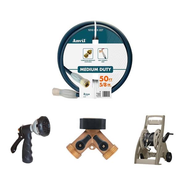 Heavy-Duty Brass 2-Way Shut-Off Faucet Adapter, 5/8 in. x 50 ft. Garden Hose, 175 ft. Hose Reel Cart & 7-Pattern Nozzle