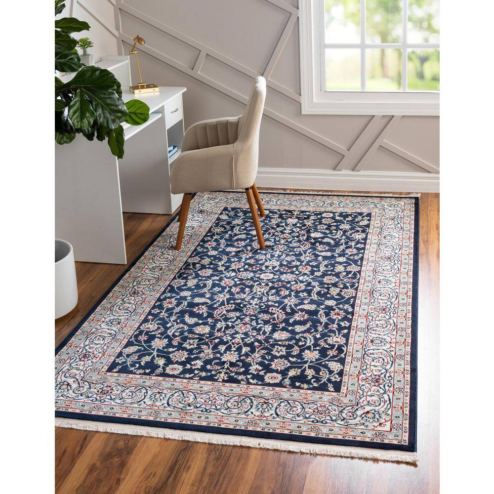 Navy Blue and Beige Floral Synthetic 8x10 Area Rug