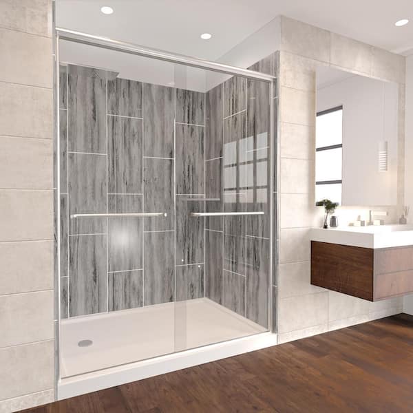 NuVo Driftwood-Rainier 60 in. L x 32 in. W x 83 in. H Base/Wall/Door Rectangular Alcove Shower Stall/Kit Chrome Left
