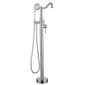 Singe-Handle Floor Mount Freestanding Tub Faucet with Hand Shower in Brushed Nickel