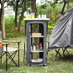 Grey Portable Outdoor Camping Storage Cabinet Folding Organizer Kitchen Table W/3-Shelves and Carry Bag For BBQ 35 in. H