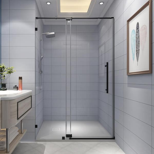 50-54 in. W x 74 in. H Pivot Swing Semi-Frameless Shower Door in Matte Black with Clear Tempered Glass