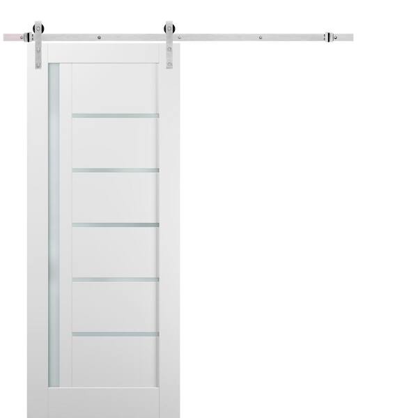 Sartodoors 18 in. x 80 in. Lite Frosted Glass White Finished Pine MDF Sliding Barn Door with Hardware Kit